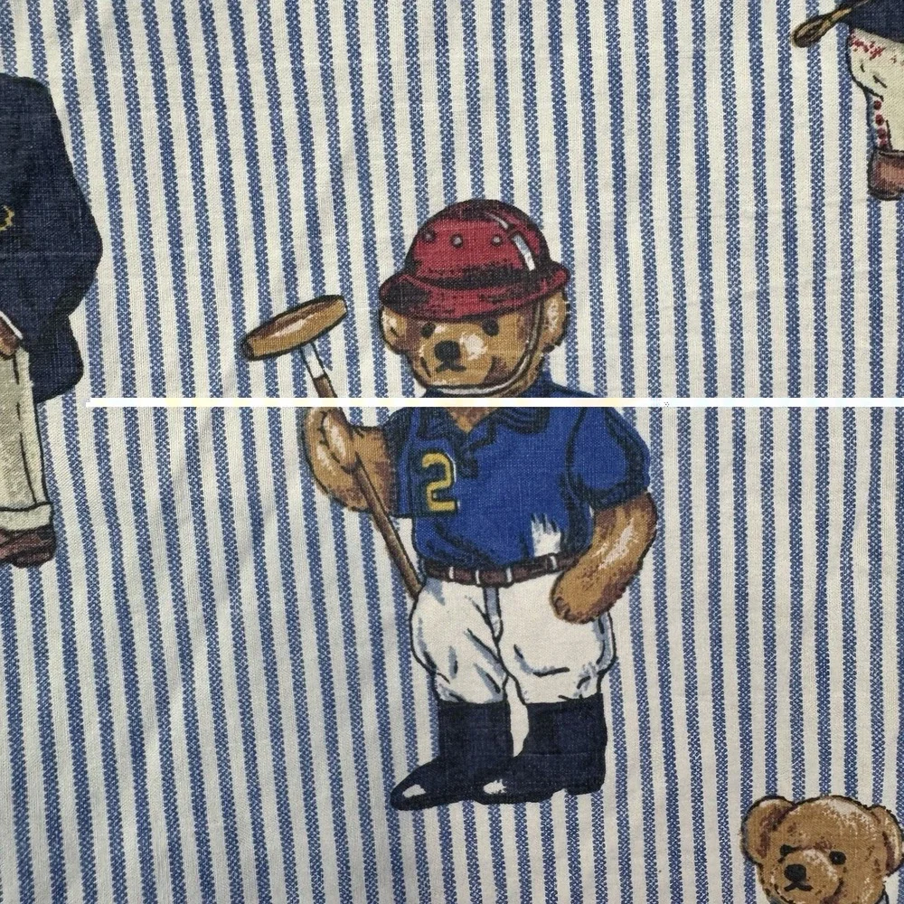Vintage Ralph Lauren Polo Bear Full Size Fitted Sheet Blue Stripe Cotton Preppy